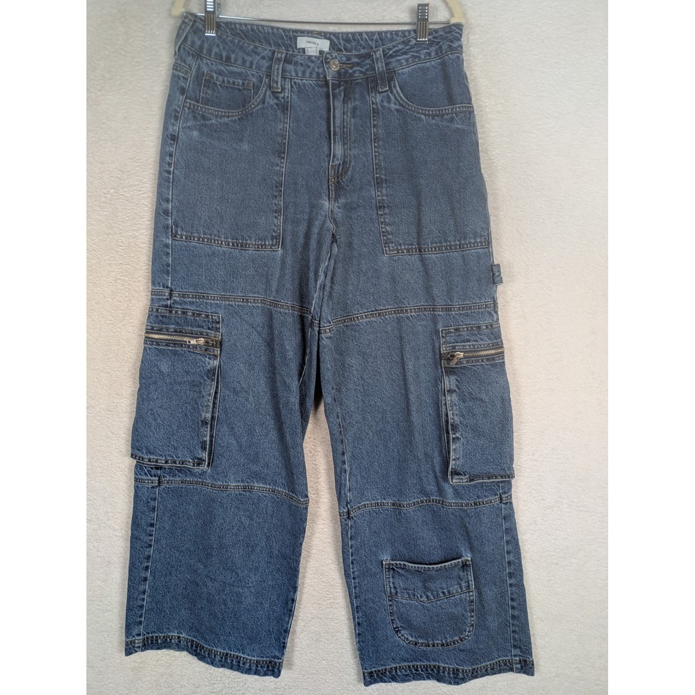 Forever 21 Cargo Jeans Women's 28 Blue Wide Leg Multi Pocket Utility Denim